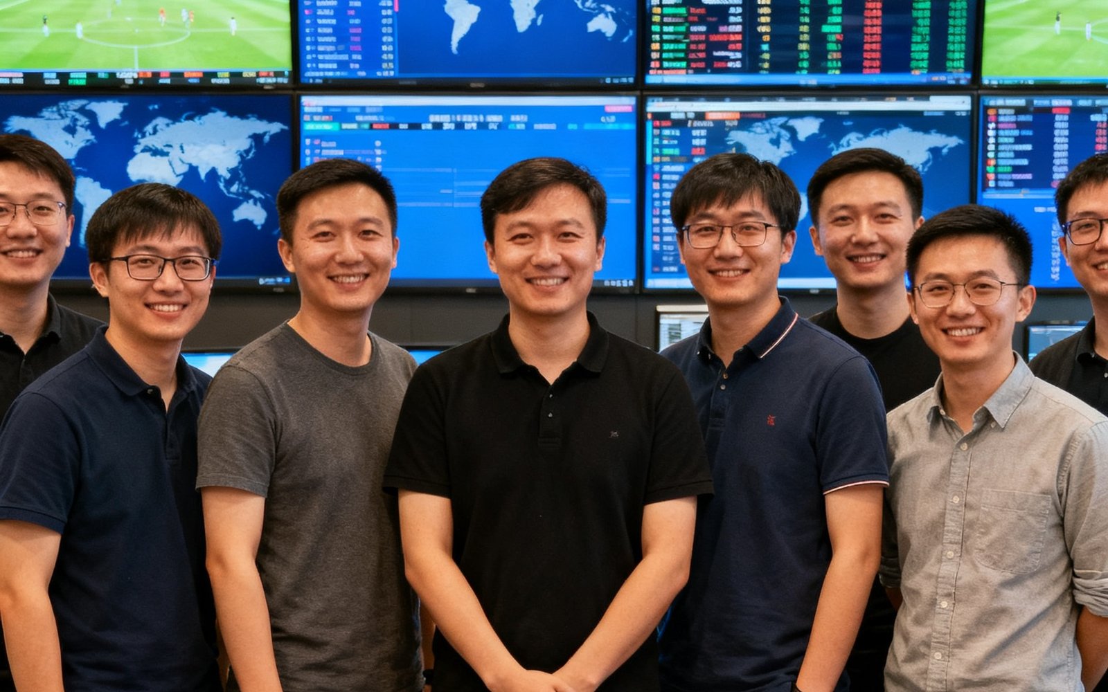 澳客核心团队成员在北京望京办公室的合影，背景是实时数据监控大屏，显示着全球多个赛事的实时数据流，团队成员面带微笑，着装休闲但专业
