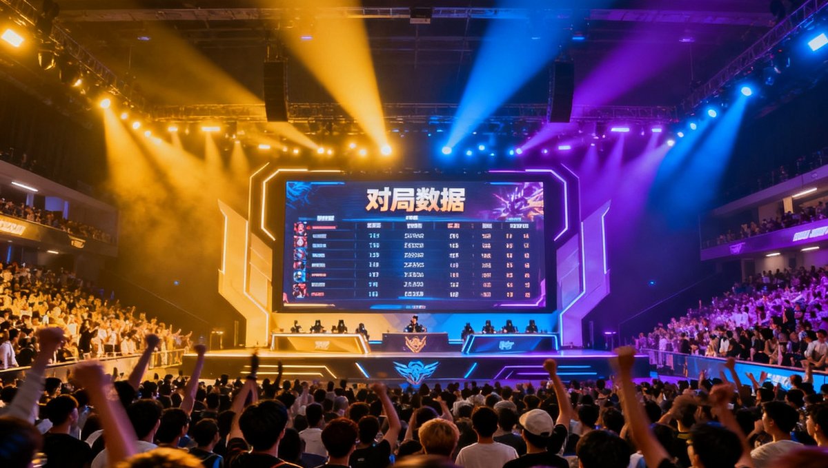 电竞比赛现场舞台照片，舞台中央大屏幕显示着对局数据，观众席坐满了热情的粉丝，灯光效果绚丽