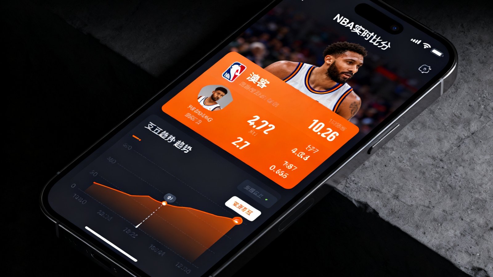 智能手机屏幕上展示澳客移动端界面，顶部显示NBA实时比分，中部为球员数据卡片，底部为交互式数据趋势图，整体UI采用深色主题搭配橙色强调色