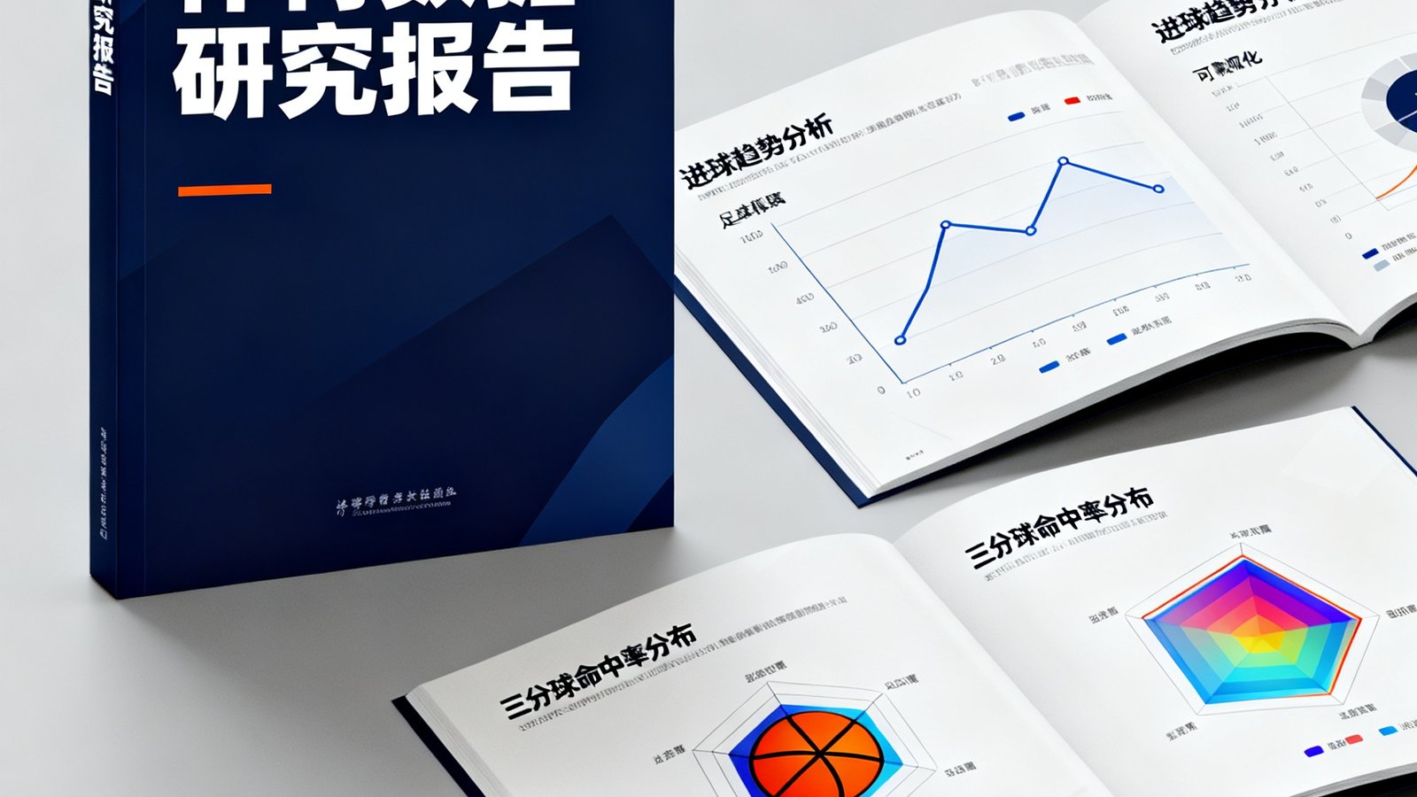 一份精美的体育数据研究报告封面，旁边展示了几页内页的数据可视化图表，包含足球联赛的进球趋势分析和篮球赛事的三分球命中率分布